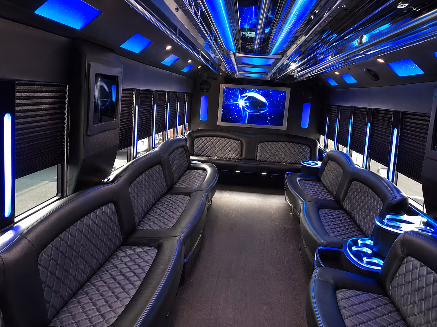 Interior of a party bus rental serving San Mateo